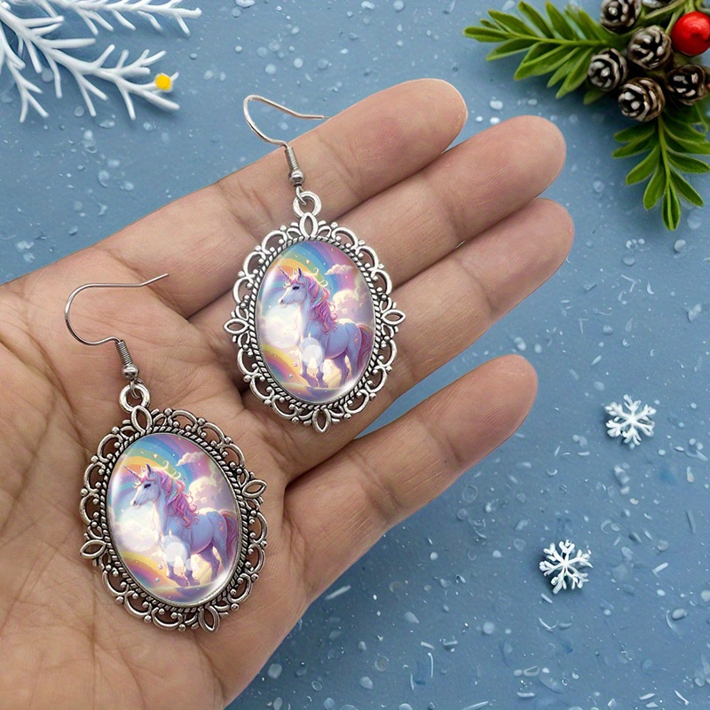 Rainbow Unicorn Oval Dangle Earrings, Handcrafted Gift